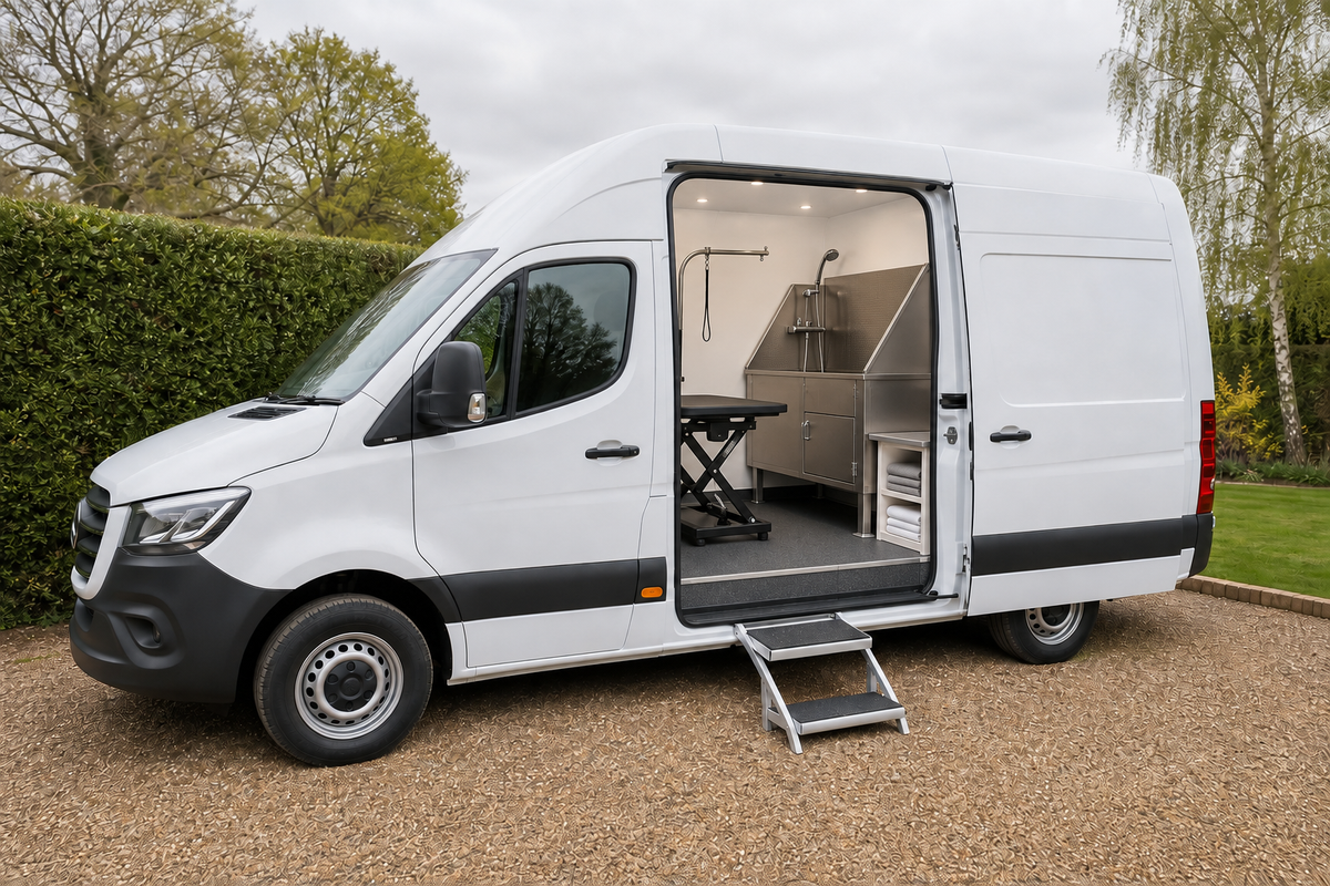 Editorial illustration of a mobile grooming van with a stainless-steel dog bath and grooming table