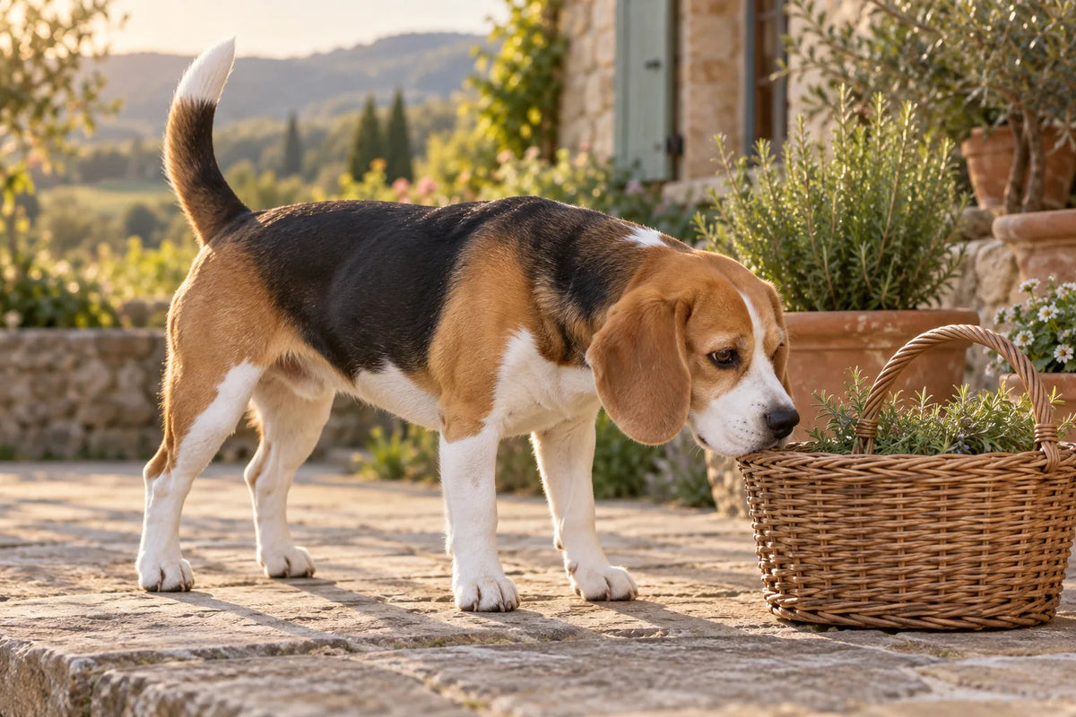 A tricolour Beagle sniffing a woven basket on a stone terrace
