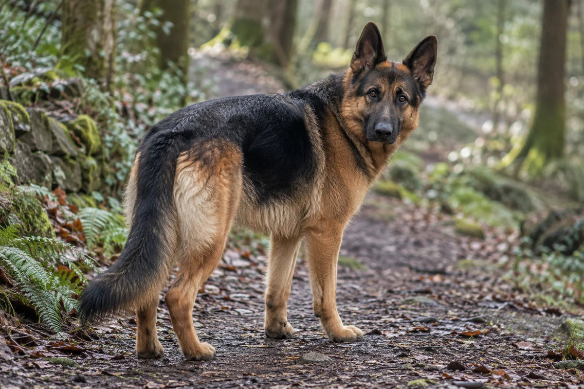 A German Shepherd with a natural double coat outdoors in soft daylight
