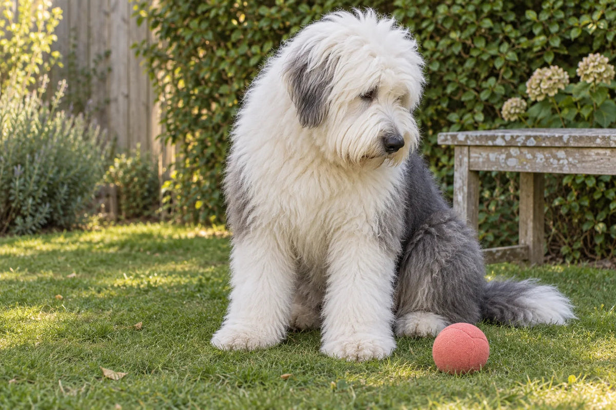 A grey-and-white Old English Sheepdog sitting beside a coral fabric ball in a garden