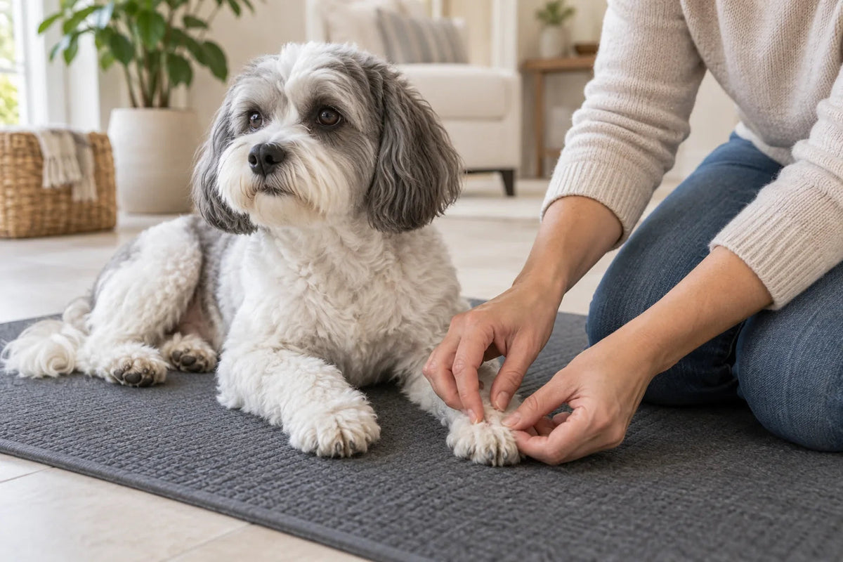 White and grey dog having the hair on a resting paw gently checked