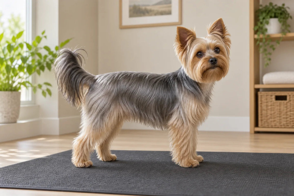 Yorkshire Terrier with a maintained silky pet coat standing on a nonslip mat