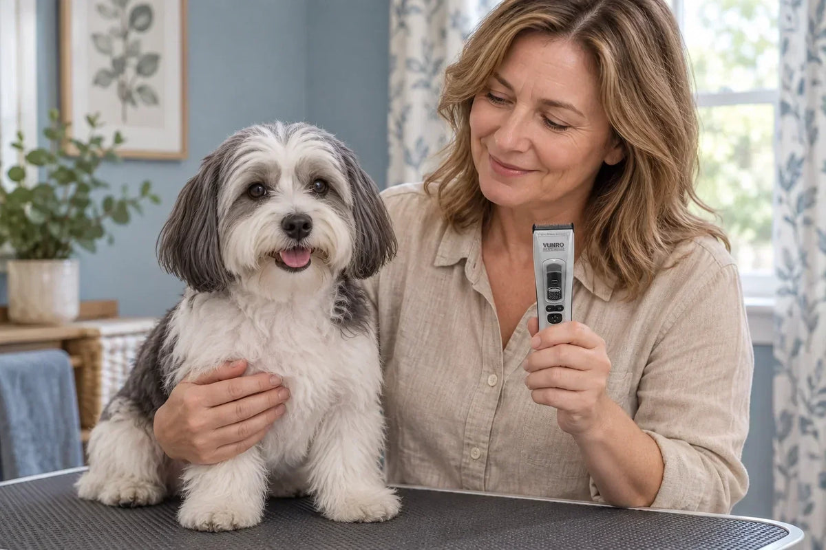 A pet parent holds the VUNRO PRO trimmer beside a Havanese before preparing the haircut setup.