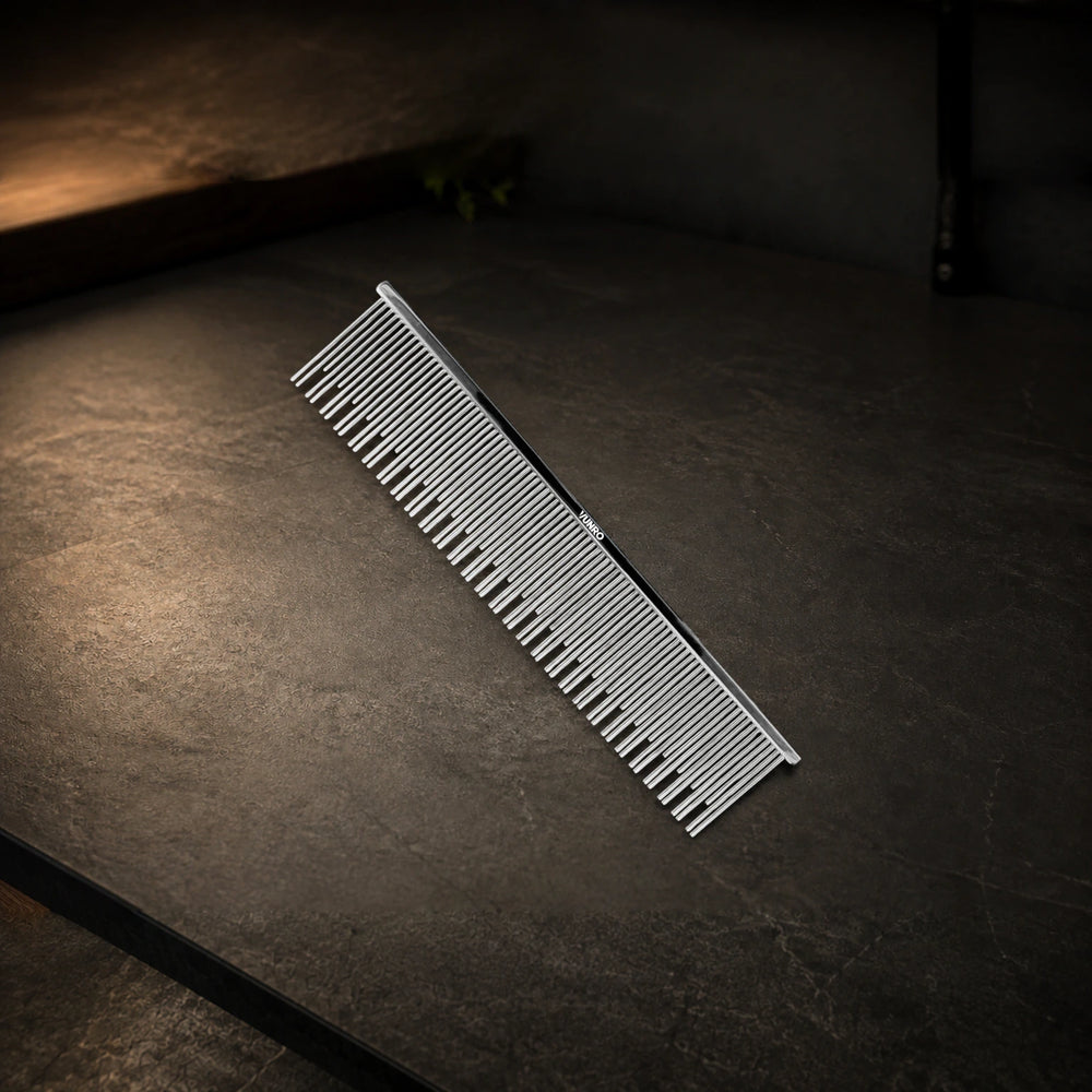 6.0" Double Skip Pin Deshedding and Detangling Comb photographed on the VUNRO professional workbench