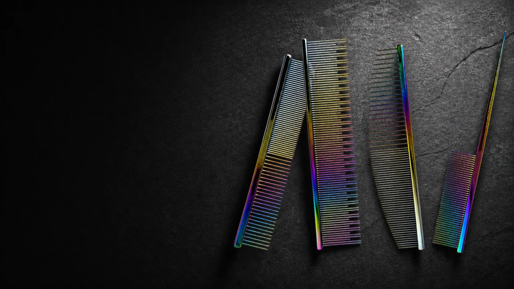 Four genuine VUNRO professional grooming combs arranged on a dark graphite surface