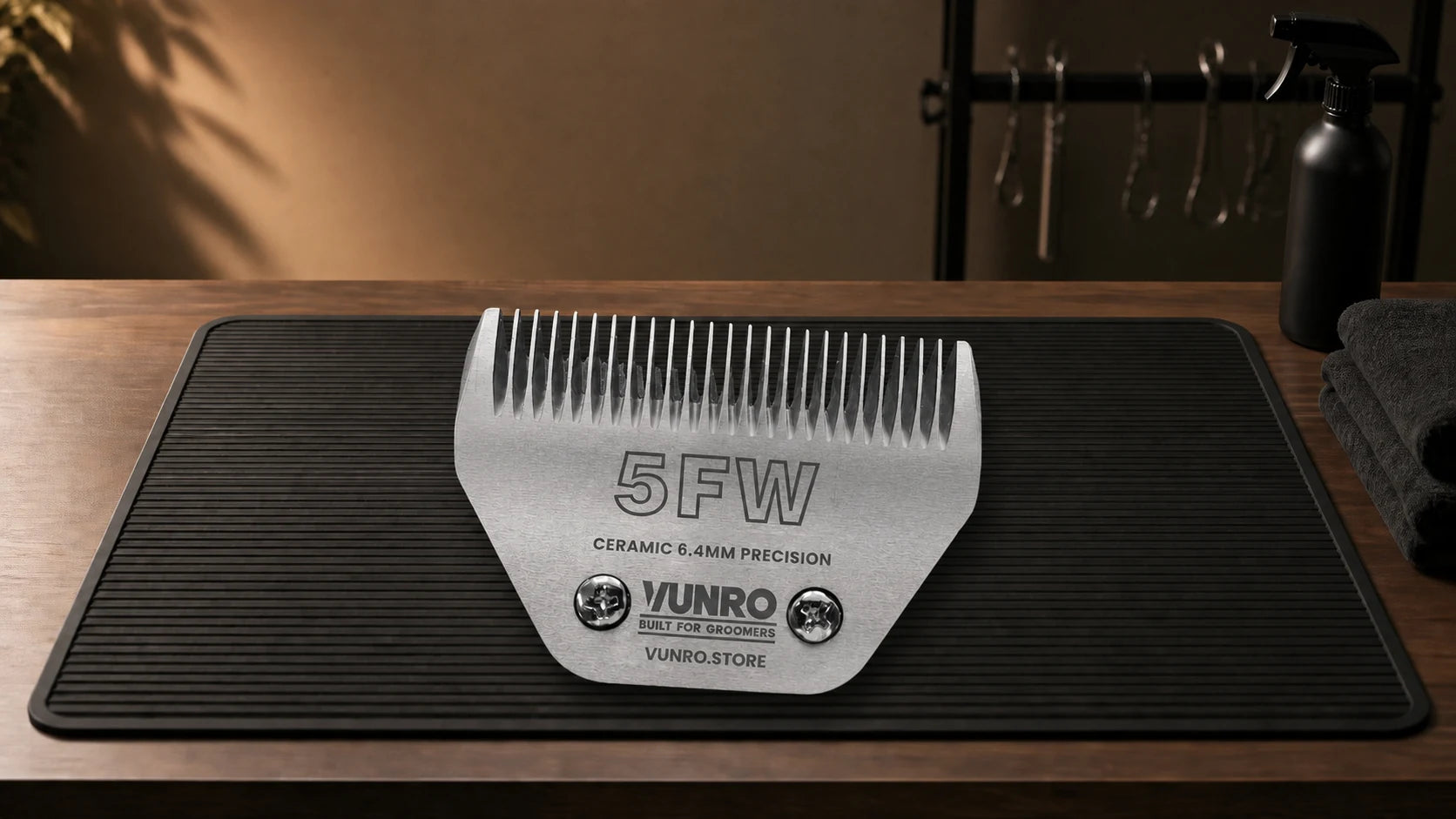 #5FW Ceramic Dog Clipper Blade (6.4 mm) resting naturally on the VUNRO grooming workbench
